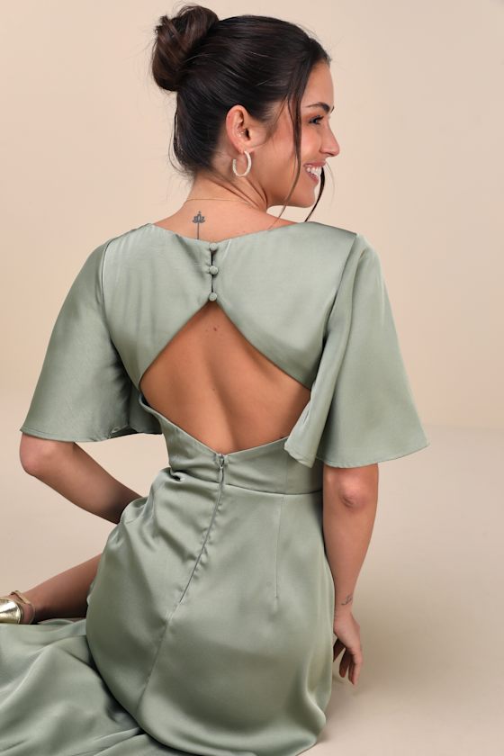 Lulus Elegant Confidence Sage Satin Flutter Sleeve Cutout Maxi Dress In Green
