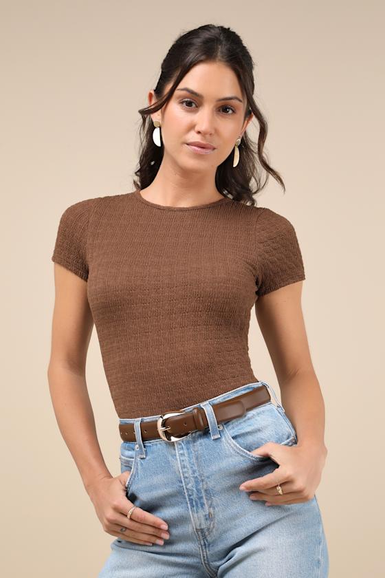 LULUS DECIDEDLY STYLISH BROWN TEXTURED SHORT SLEEVE BACKLESS BODYSUIT