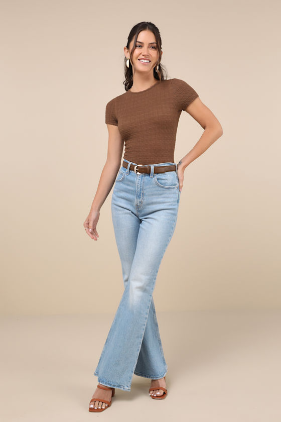 LULUS DECIDEDLY STYLISH BROWN TEXTURED SHORT SLEEVE BACKLESS BODYSUIT