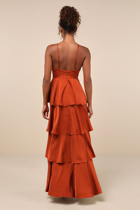 Lulus Going With Elegance Rust Brown Satin Tiered Gown In Rust Brown