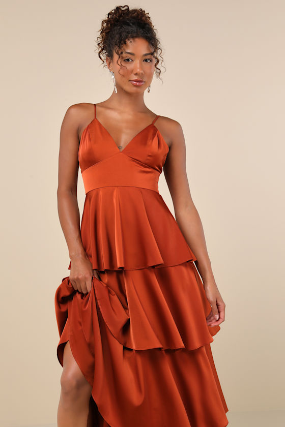 Lulus Going With Elegance Rust Brown Satin Tiered Gown In Rust Brown