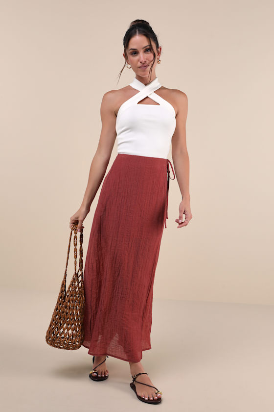 Lulus Certain Confidence Rusty Rose Textured Wrap Midi Skirt In Pink
