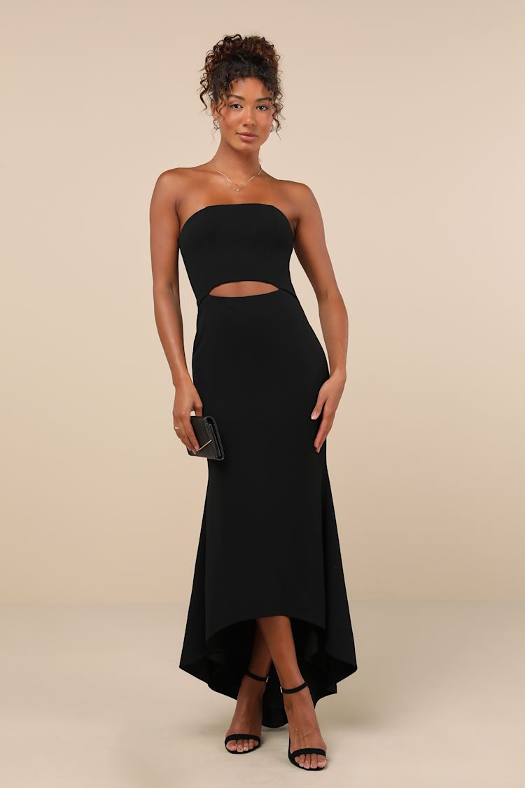dessy group strapless empire waist cutout dress i think Dessy 3122 Strapless Empire Waist Cutout Maxi Dress With Covered Button  Detail main image 0