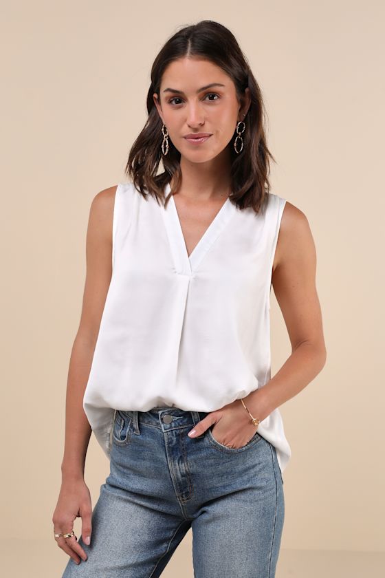 White Satin Tank Top - V-Neck Tank Top - Textured Satin Tank
