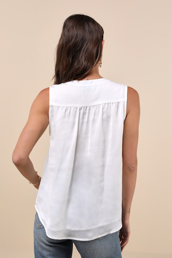 White Satin Tank Top - V-Neck Tank Top - Textured Satin Tank
