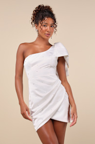 Posh Behavior White Pearl Bow One-Shoulder Mini Dress