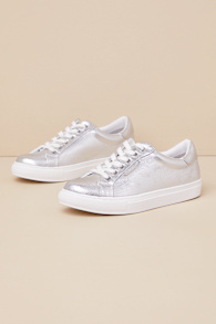 Sono Silver Metallic Coated Twill Lace-Up Sneakers 5
