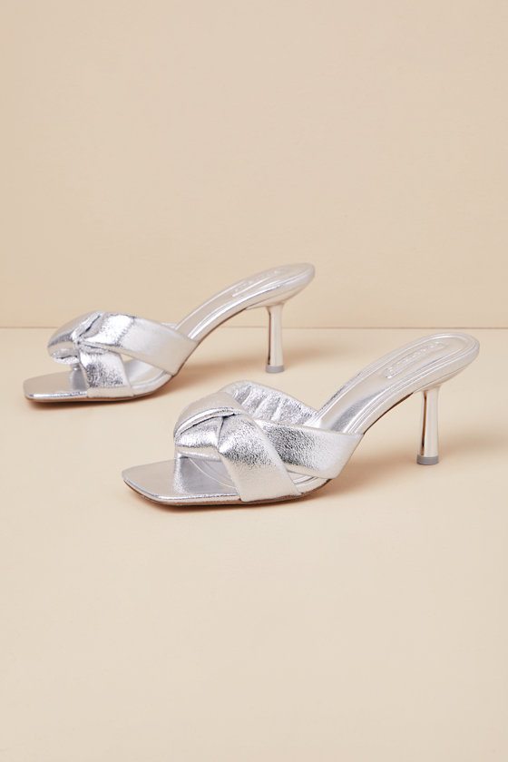 D'amelio Footwear Leenoa Silver Metallic Knotted High Heel Slide Sandals In Silver