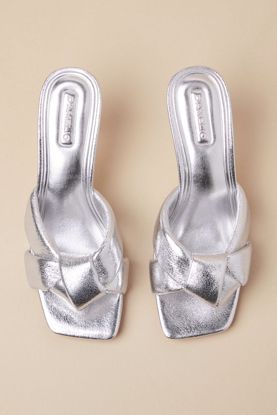 D'amelio Footwear Leenoa Silver Metallic Knotted High Heel Slide Sandals In Silver
