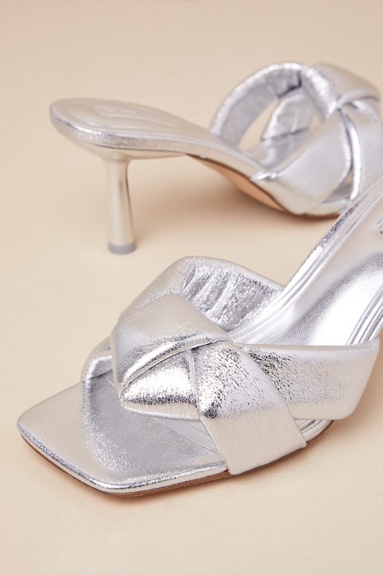 D'amelio Footwear Leenoa Silver Metallic Knotted High Heel Slide Sandals In Silver