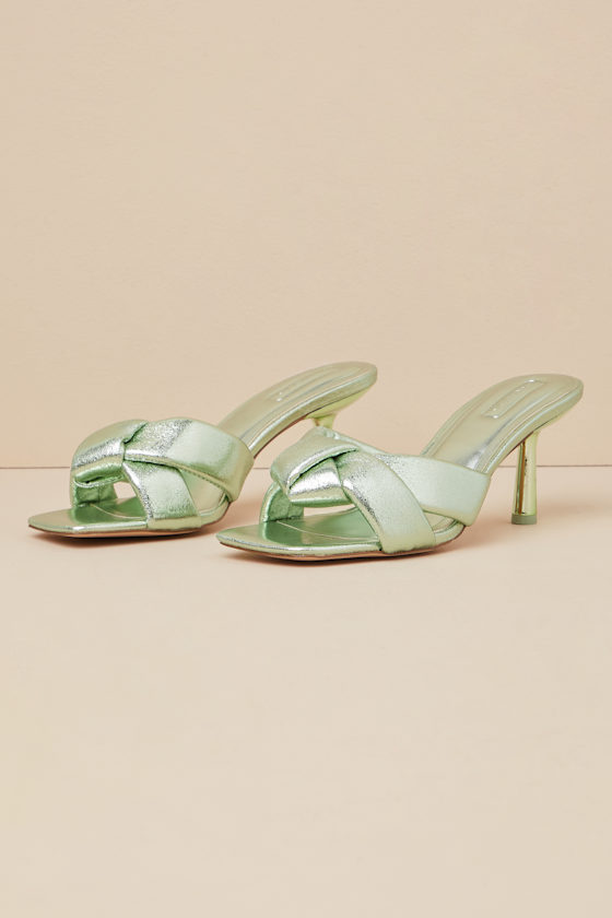 Leenoa Pistachio Green Metallic Knotted High Heel Slide Sandals 3