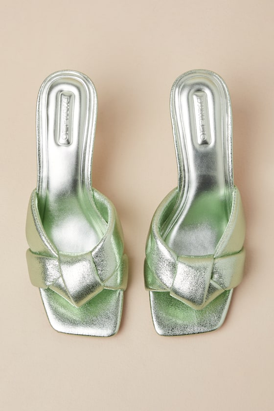 Leenoa Pistachio Green Metallic Knotted High Heel Slide Sandals 5