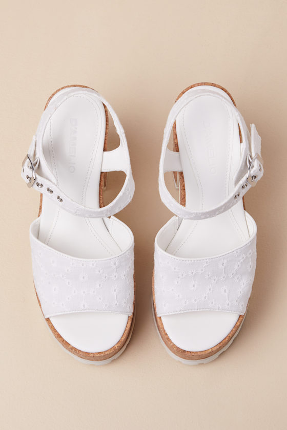 D'amelio Footwear Jordina White Eyelet Embroidered Platform Ankle Strap Sandals In White