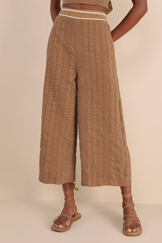 Lulus Sunny Confidence Brown Textured Velvet Wide-leg Pants In Brown