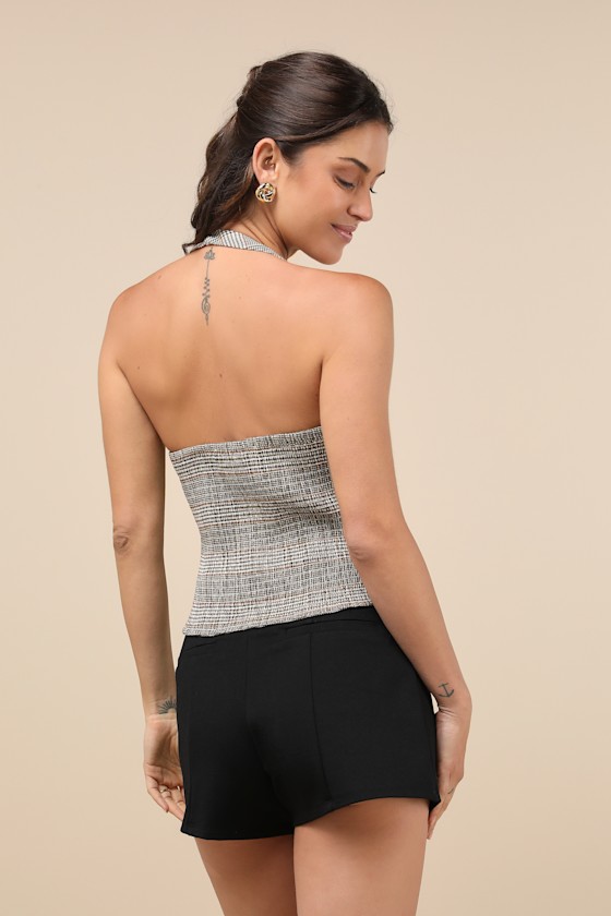 LULUS CONFIDENTLY DARLING BEIGE AND BROWN PLAID BOW FRONT HALTER TOP