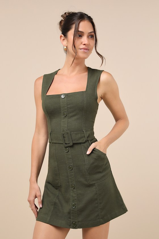 Lulus Modern Composure Olive Linen Belted Mini Dress With Pockets In Green