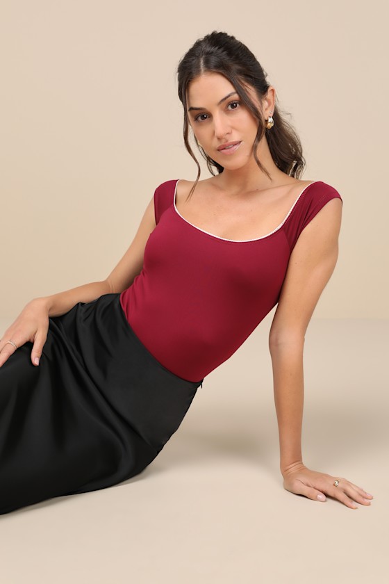LULUS FLATTERING ATTITUDE BURGUNDY LACE OFF-THE-SHOULDER BODYSUIT