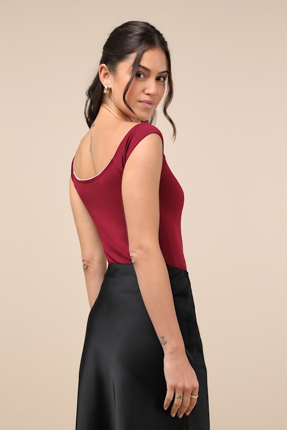 LULUS FLATTERING ATTITUDE BURGUNDY LACE OFF-THE-SHOULDER BODYSUIT