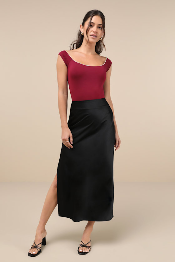 LULUS FLATTERING ATTITUDE BURGUNDY LACE OFF-THE-SHOULDER BODYSUIT