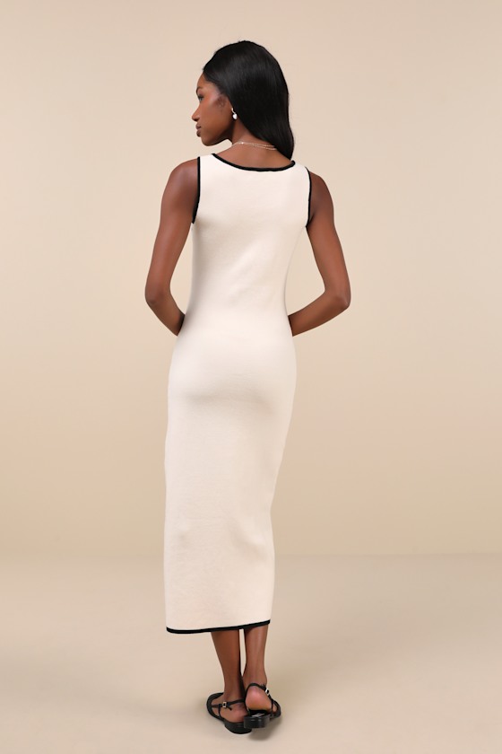 LULUS SOPHISTICATED COMPOSURE CREAM KNIT BUTTON-FRONT MIDI DRESS