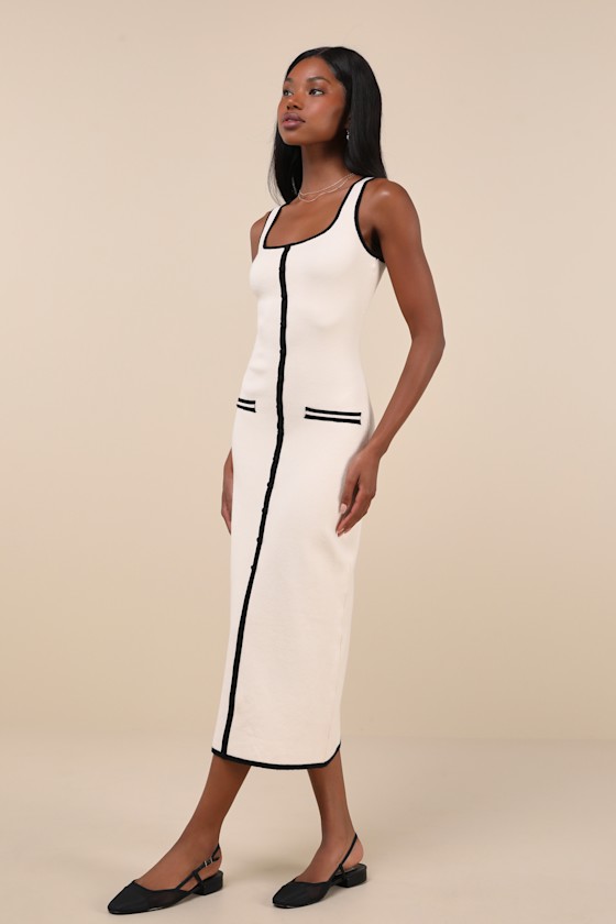 LULUS SOPHISTICATED COMPOSURE CREAM KNIT BUTTON-FRONT MIDI DRESS