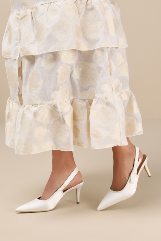 Ancolie White Satin Bow Pointed-Toe Slingback Pumps 1