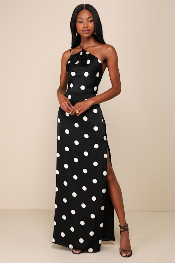Black Polka Dot Dress - Satin Halter Dress - Backless Maxi Dress - Lulus