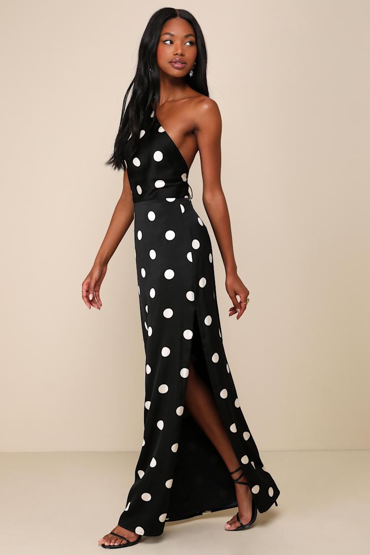 Chic Affection Black Polka Dot Satin Asymmetrical Maxi Dress