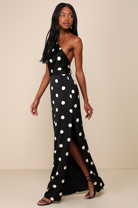 Chic Affection Black Polka Dot Satin Asymmetrical Maxi Dress 7