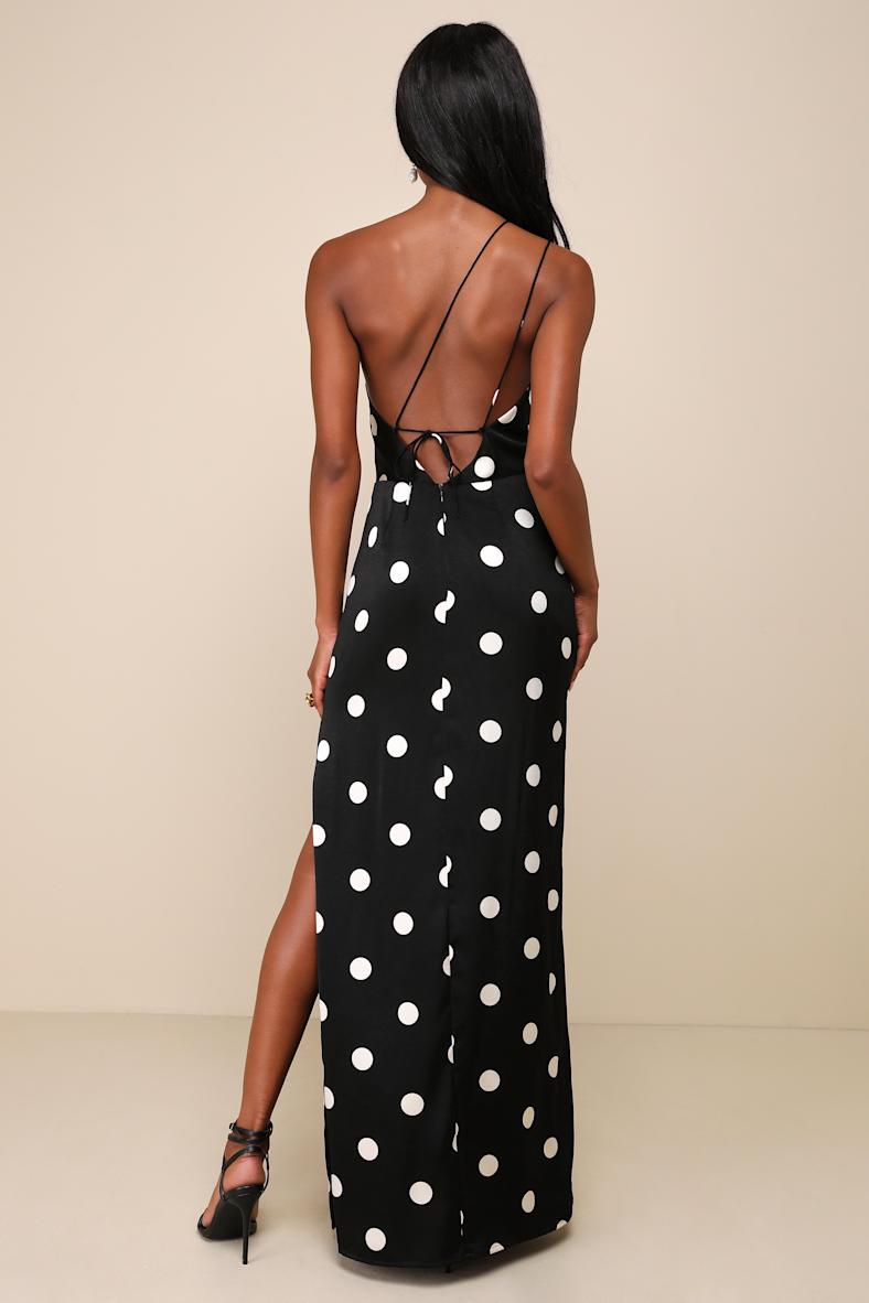 Chic Affection Black Polka Dot Satin Asymmetrical Maxi Dress