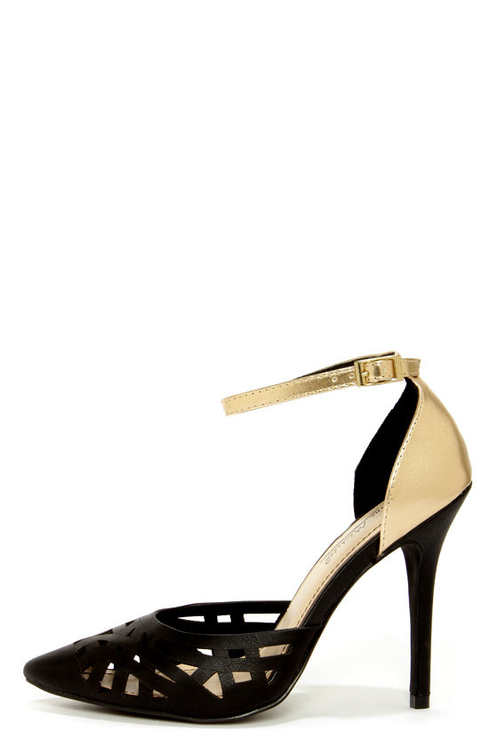 black heels with gold detail