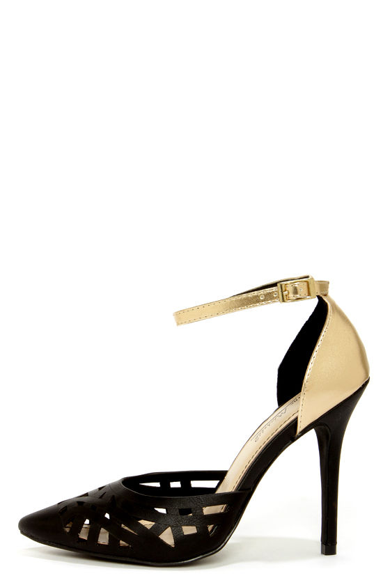 Anne Michelle Spiral 11 Black and Gold Cutout Pointed Pumps