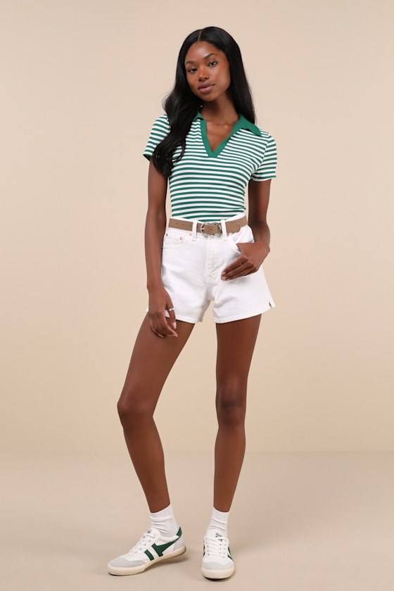 Drawer / ドゥロワー | cotton striped short shirt ショートシャツ | 38 | グリーン/ホワイト | レディース Drawer - Drawer / ドゥロワー | cotton striped short shirt ショート