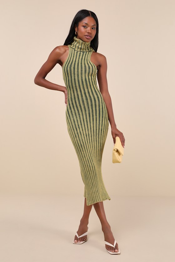 Truly Magnetic Washed Green Ribbed Turtleneck Midi Sweater Dress 1