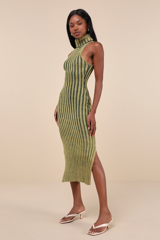 LULUS TRULY MAGNETIC WASHED GREEN RIBBED TURTLENECK MIDI SWEATER DRESS