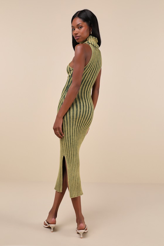 LULUS TRULY MAGNETIC WASHED GREEN RIBBED TURTLENECK MIDI SWEATER DRESS