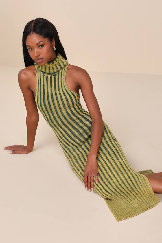LULUS TRULY MAGNETIC WASHED GREEN RIBBED TURTLENECK MIDI SWEATER DRESS