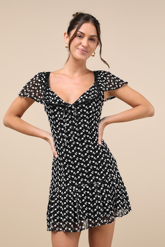 Black Embroidered Floral Dress - Short Sleeve Mini Dress - Dress - Lulus