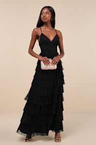 Radiant Event Black Mesh Tiered Pleated Backless Maxi Dress 2