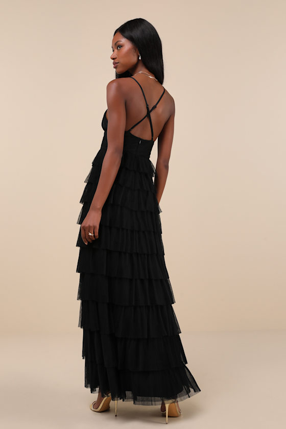 Lulus Radiant Event Black Mesh Tiered Pleated Backless Maxi Dress In Black