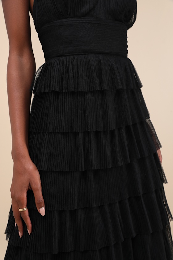 Lulus Radiant Event Black Mesh Tiered Pleated Backless Maxi Dress In Black