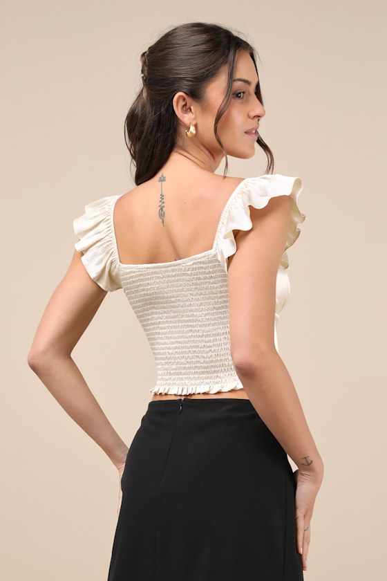 LULUS RADIATING ELEGANCE CHAMPAGNE CRINKLE SATIN FLUTTER SLEEVE TOP