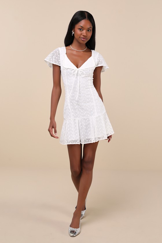 Lulus Unique Delight White Embroidered Floral Short Sleeve Mini Dress In White