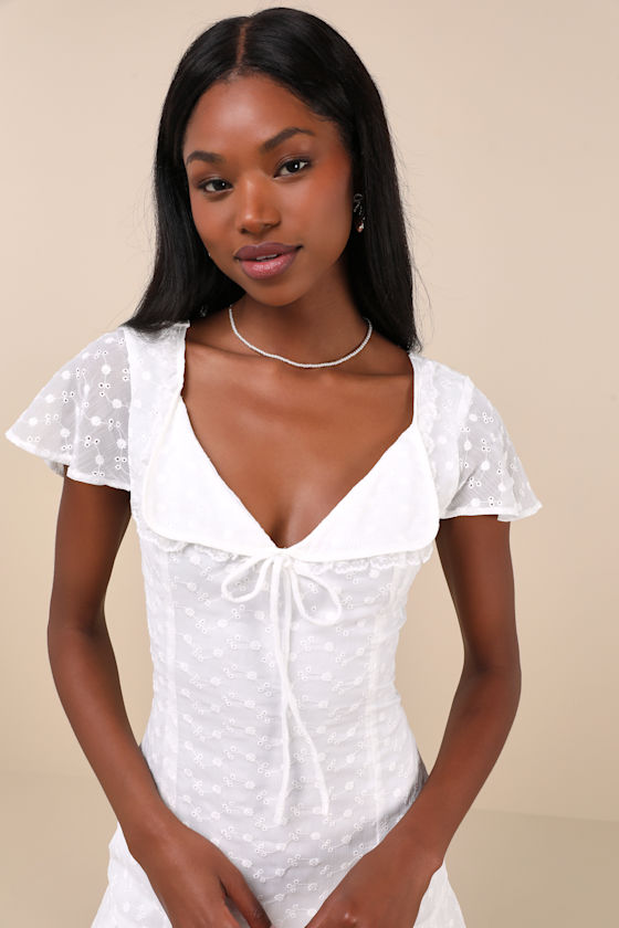 Lulus Unique Delight White Embroidered Floral Short Sleeve Mini Dress In White