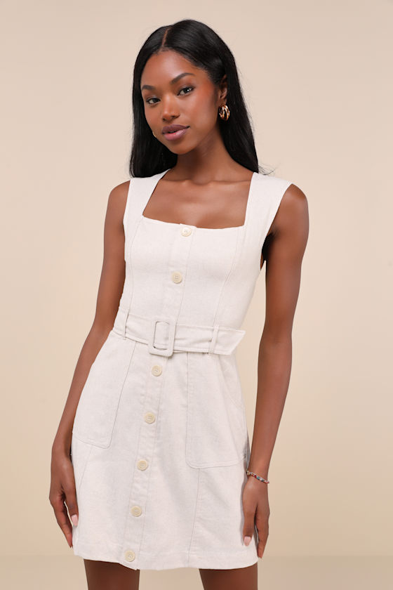 Lulus Modern Composure Beige Linen Belted Mini Dress With Pockets In Beige