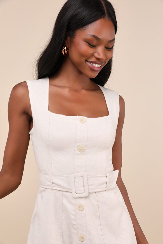 Lulus Modern Composure Beige Linen Belted Mini Dress With Pockets In Beige