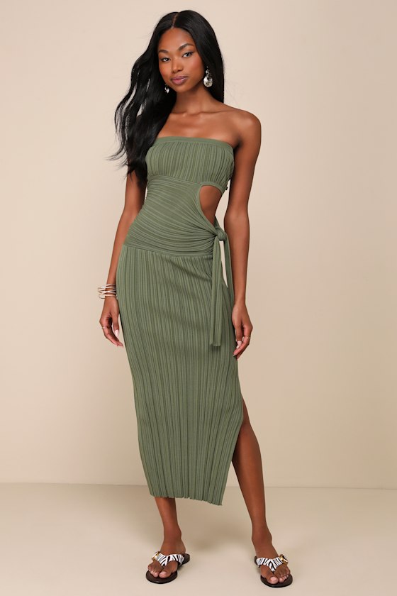 Serene Chicness Olive Green Ribbed Cutout Sweater Midi Dress 5