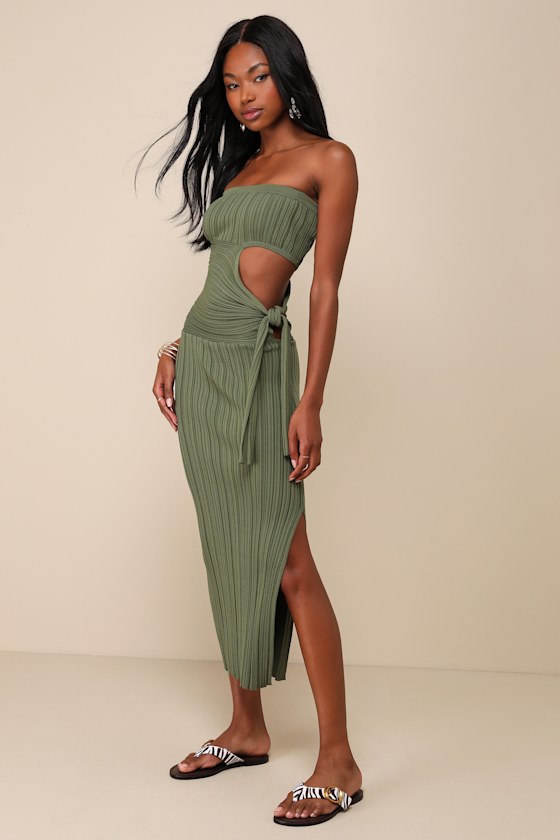 Serene Chicness Olive Green Ribbed Cutout Sweater Midi Dress 7