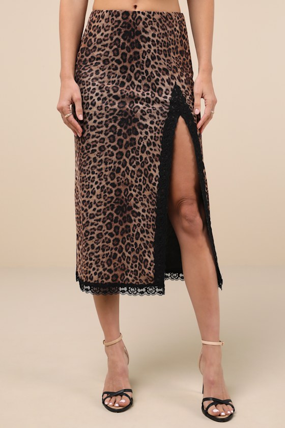 Beige Leopard Satin Midi Skirt with Lace Trim main image 0