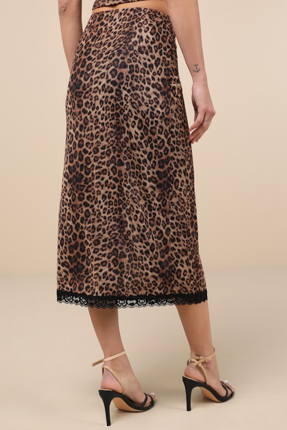 LULUS FIERCE ATTITUDE TAN LEOPARD PRINT MESH LACE HIGH-RISE MIDI SKIRT